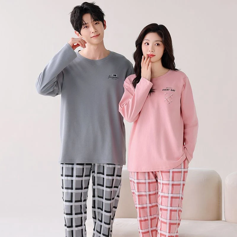 2025년 가을 커플 긴팔 100% 면 파자마 세트 (남성용 한국 귀여운 만화 수면복 파자마 여성용 홈웨어 홈 의류)