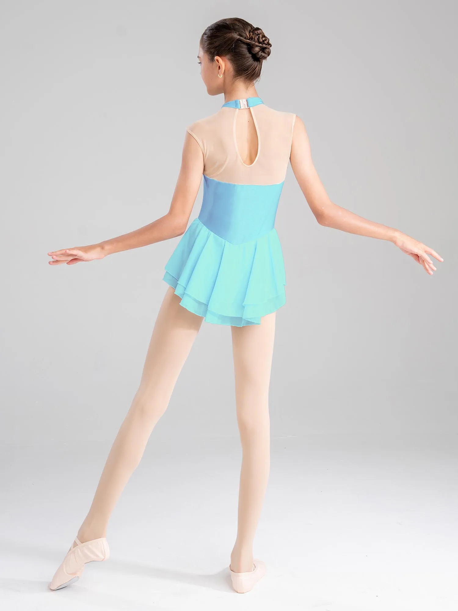 Kids Girls Figure Ice Skating Ballet Dance Dress Rhythmic Gymnastics Performance Costume Floral Rhinestone Sheer Mesh Leotard