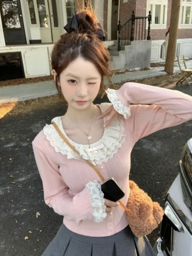 Korean Sweet Ruffles Lace O-neck T-shits Y2k E-Girl All-match Slim Fit Knitted Tops Women Spring New Long Sleve Blusas Mujer