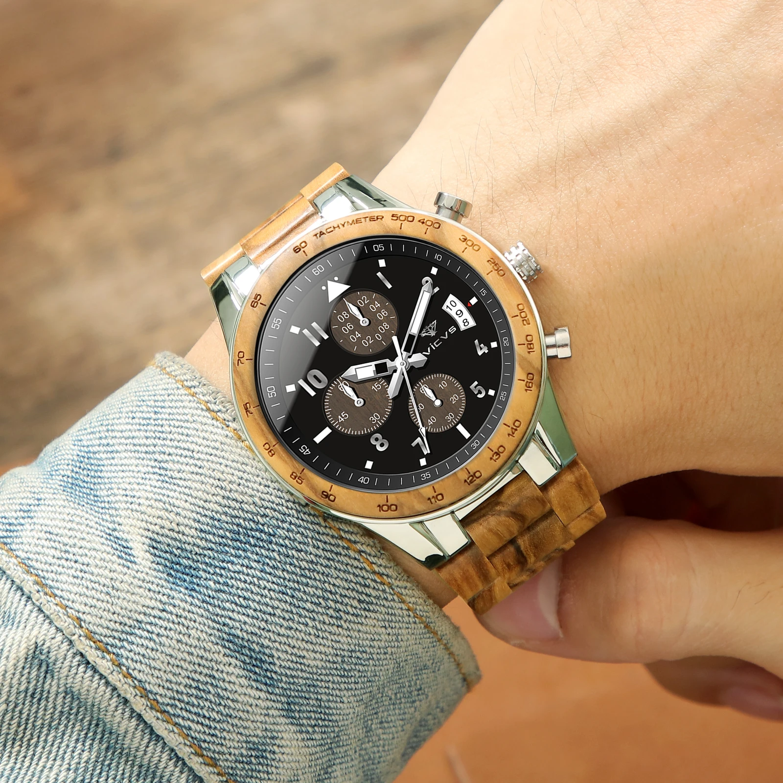 ساعة VICVS الخشبية للرجال تعرض التاريخ كوارتز هدايا فريدة لعيد الميلاد/العطلات