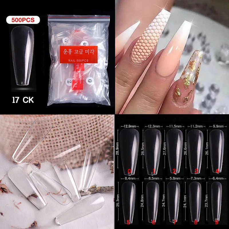500pcs/bag Natural Transparent False Nail Tips Full Cover Press On Nails Stiletto Almond Square Coffin Manicure Extension Tools