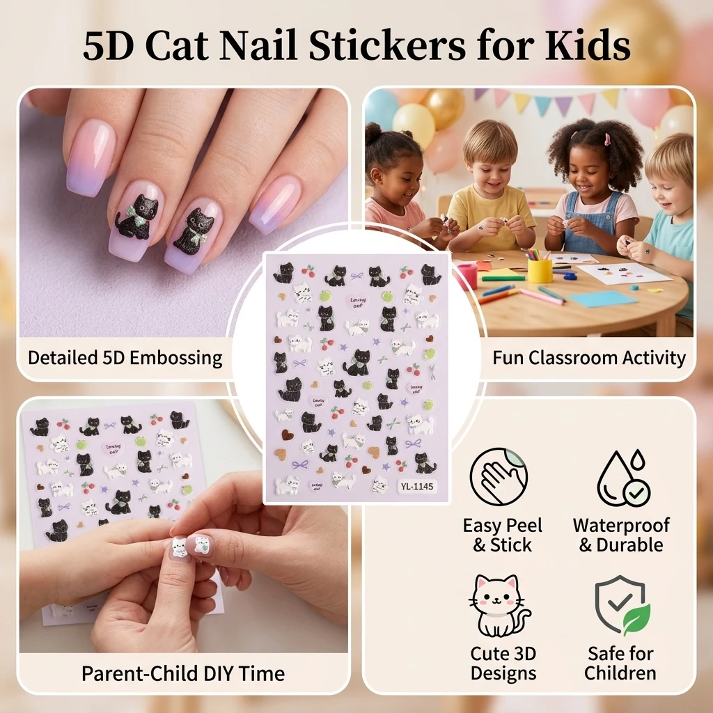 5D Cat Nail Stickers for Kids PVC Waterproof DIY Art view 4
