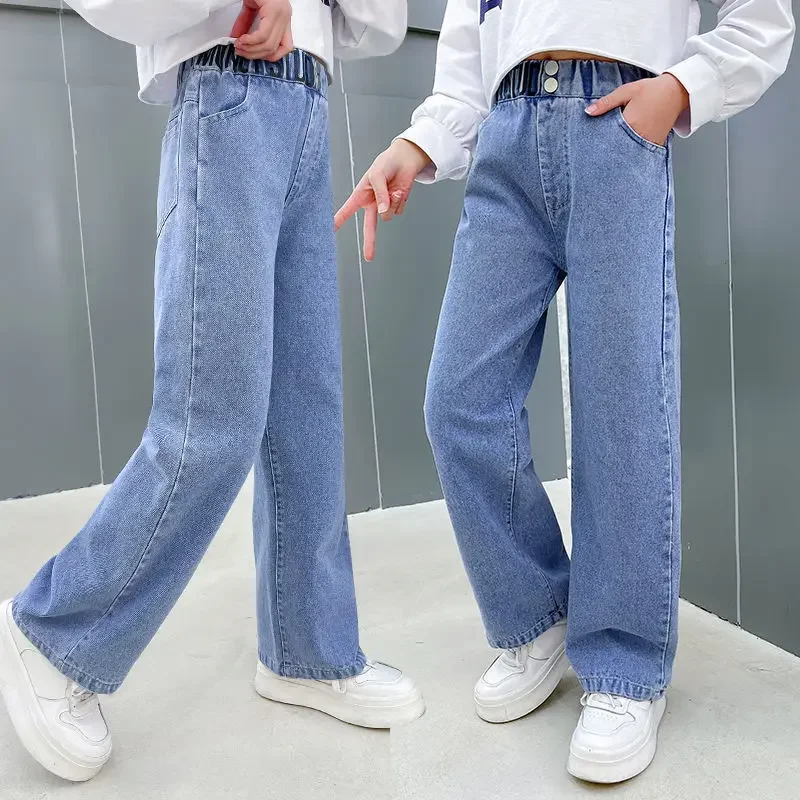 

Teenage Girls Jeans 2024 Spring Autumn Casual Fashion Loose Blue Kids Leg Wide Pants School Children Trousers 6 8 10 12 Year