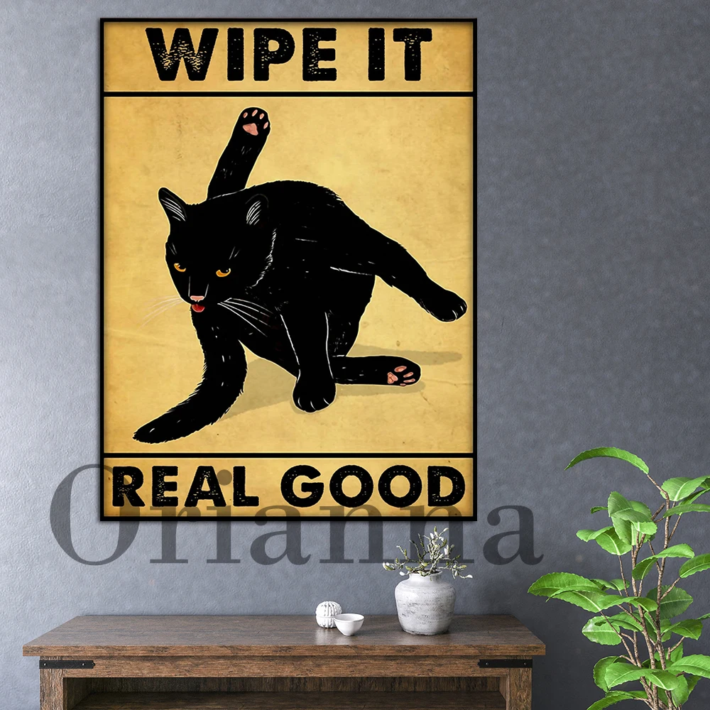 Black Cat Wipe It Real Good Funny Painting Home Decor Vintage Canvas Poster Hd Print Modular Picture Bathroom Restroom Wall Art