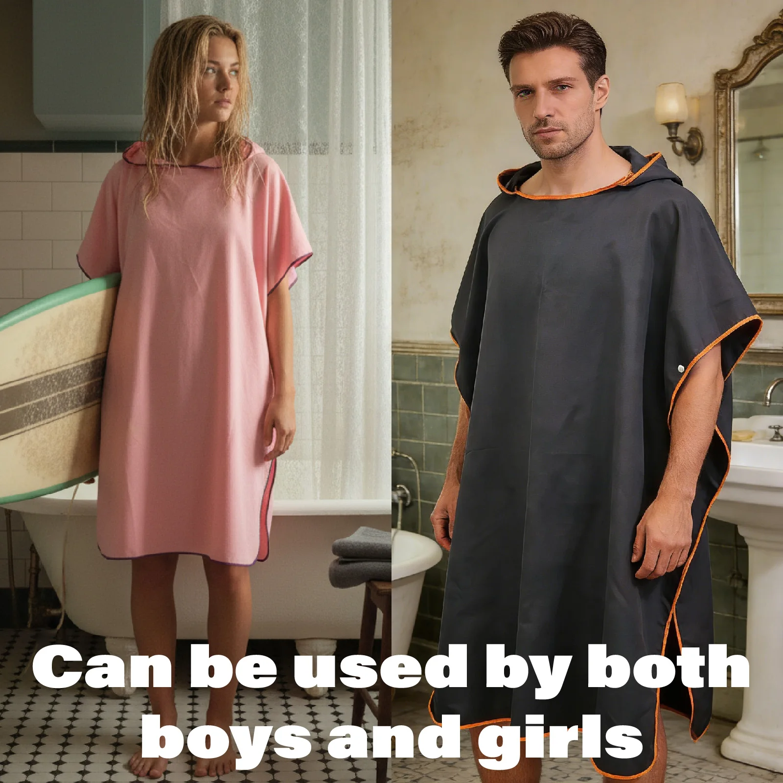 Black Pink Quick Dry Beach Poncho with Pockets 90x110cm, Summer Lightweight Surf Towel Changing Robe, Sun Hoodie Swim Cover Up,