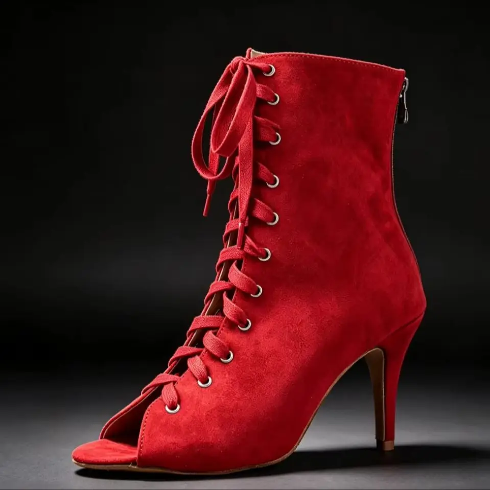Women Red Dance Ankle Boots Open Toe Lace‑up Back Zipper 8.5cm Stiletto Heels Latin Salsa Jazz Dance Footwear Performance Sandal