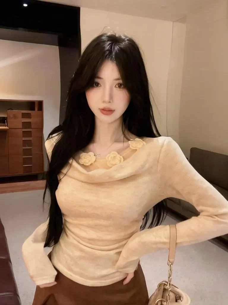 Apricot T-shirt For Women Flower Slim Fitted Off Shoulder Long Sleeve Shirt Lady Elegant Casual Tee Draped Collared Bodycon Top