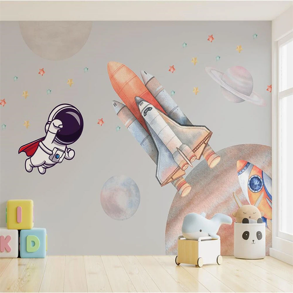 Custom Nordic cartoon spaceship astronaut wallpaper for children's room background mural wall paper home decor home decorations