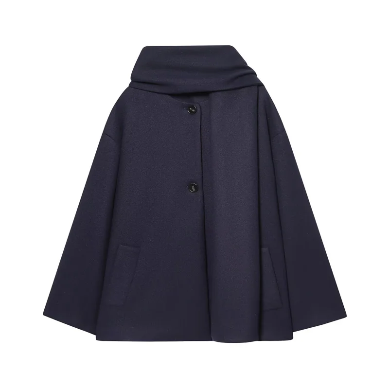 

Women's Coat 2026 Spring New Style Dark Blue Long-Sleeve Scarf Decorated Loose and Simple Short Coat High-End Fashion