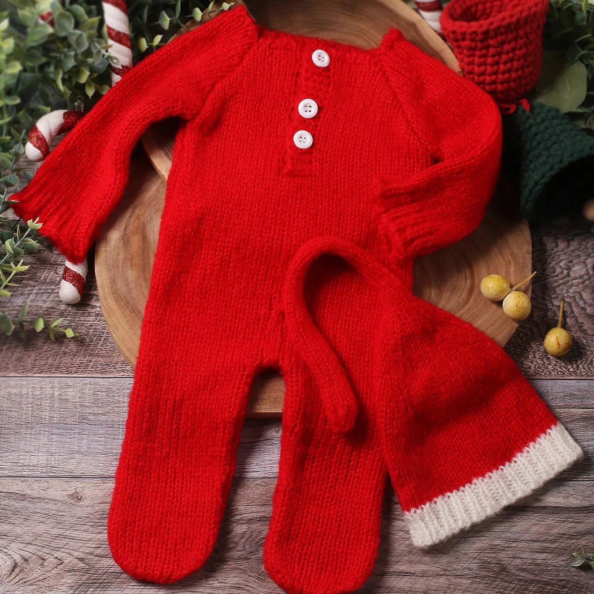 Ylsteed Newborn Christmas Outfits for Photo Shooting Red Mohair Footed Jumpsuit Long Tail Sleepy Hat Infant Photography Props