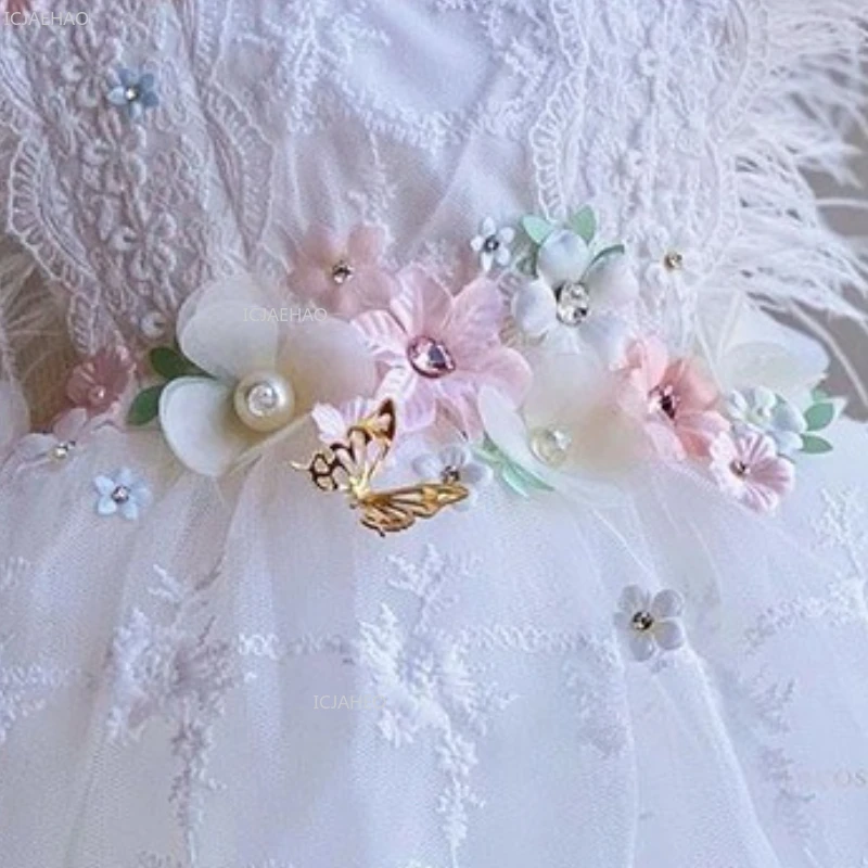 Girls First Birthday Dress Costume White Bow Princess Party Gown for Formal Lace Flower Dresses Celebration Pageant Children