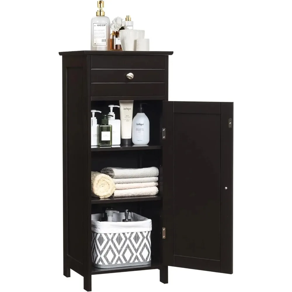 

Bathroom Floor Cabinet, Free-Standing Wooden Floor Storage Cabinet w/Large Drawer & 2 Adjustable Shelves