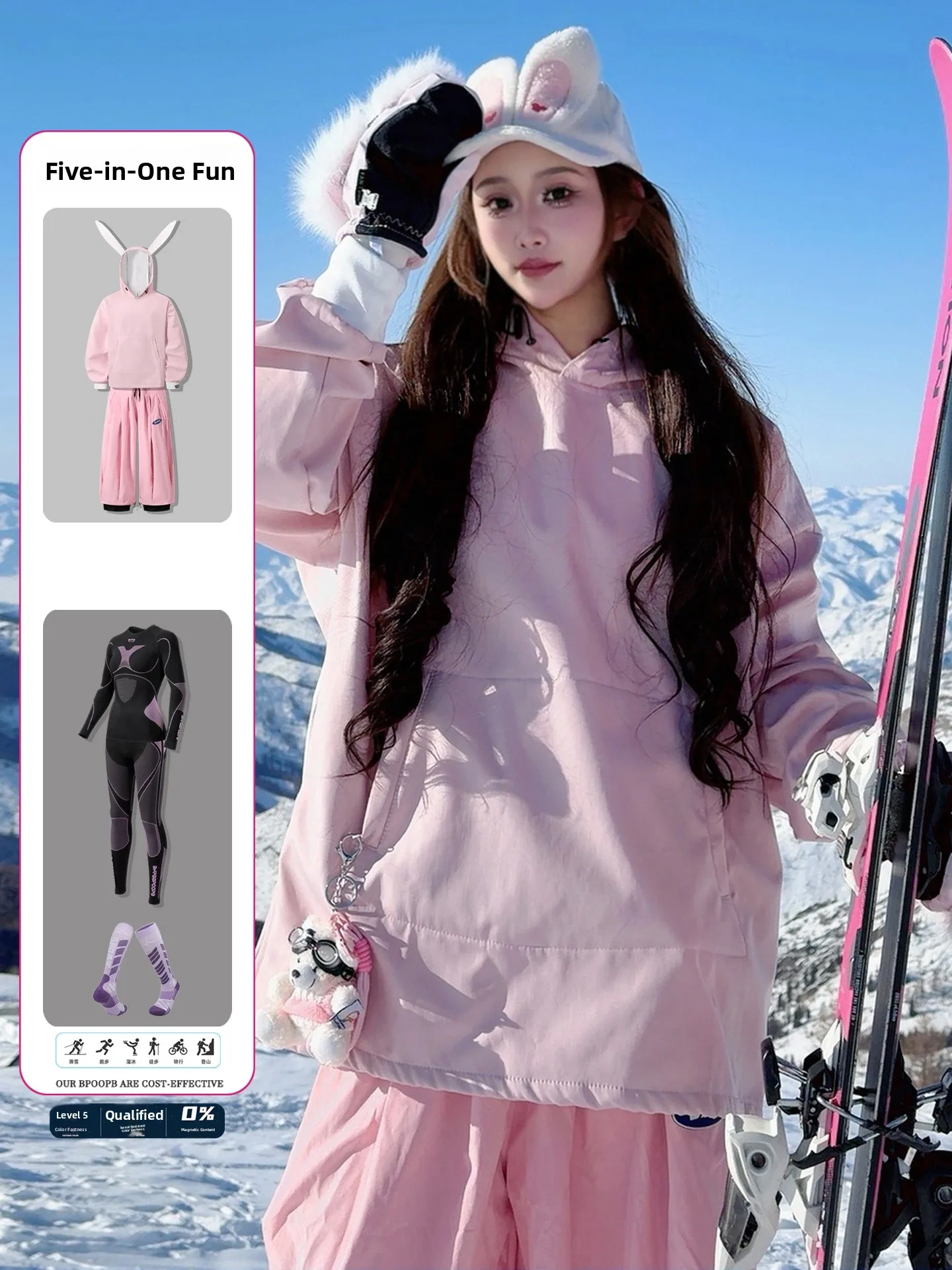 Pink Rabbit Ear Snowboard Suit Set Men's Waterproof Windproof Wear Resistant Single Board Snow Suit Full Skiing Equipment - view 4