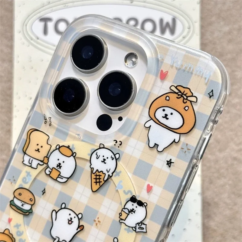 Magnetic checkered white Little Bear illustration phone case with magnetic bracket for iPhone 11 12 13 14 15 16 17 Pro mx