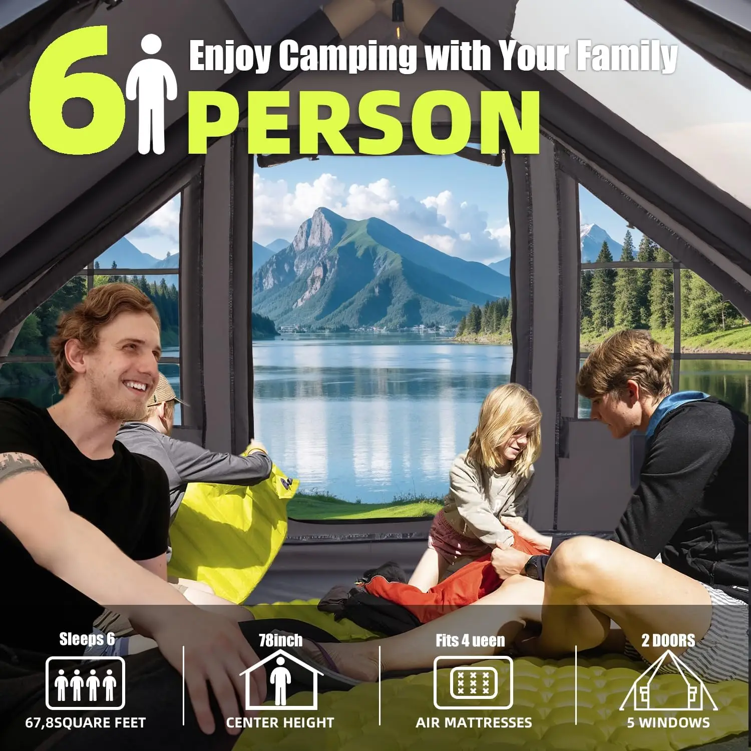 خيمة هوائية كبيرة من STLFL تتسع لـ 4-5 أشخاص، خيمة على شكل قبة، خيمة عائلية قابلة للنفخ بلمسة واحدة