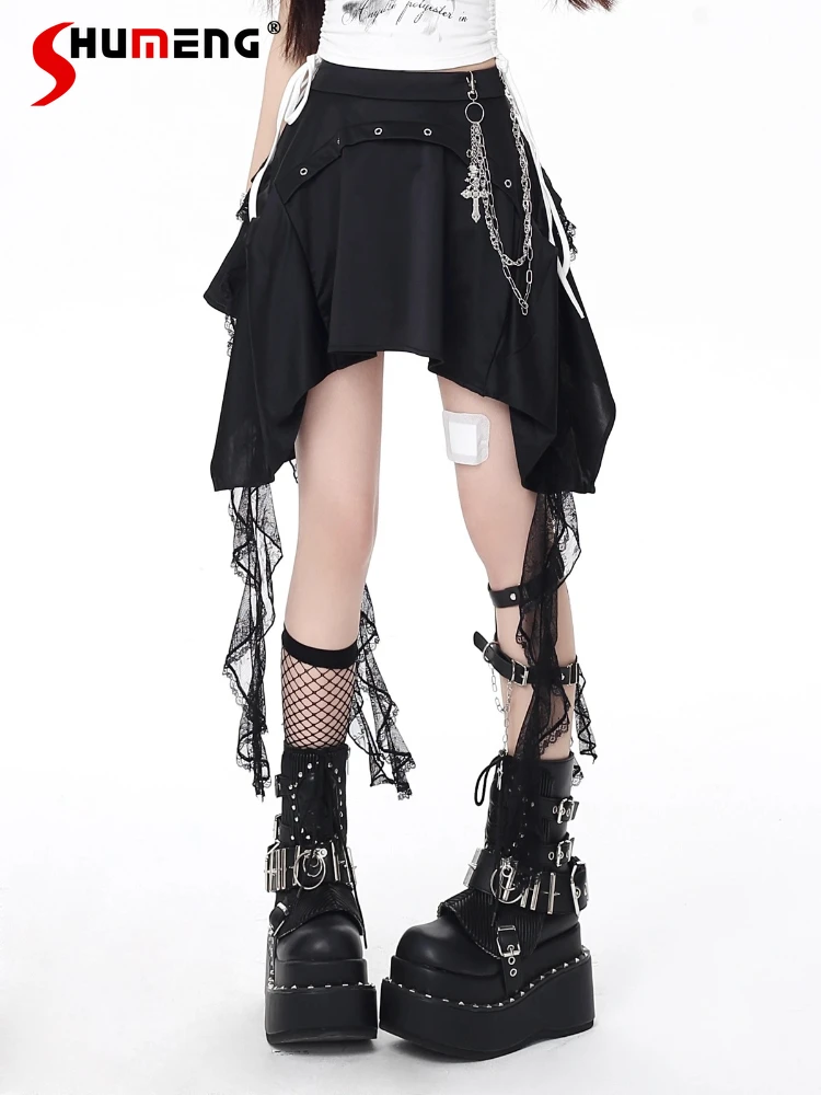 

Japanese Subculture Punk Y2K Black Skirts Autumn Girl's Women's Sweet Cool High Waist Slim Lace Mini Skirt Student Short Skirt