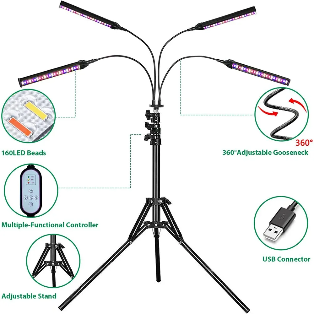 Tripod LED Plant Light Full Spectrum USB Plug-In Indoor Greenhouse Vegetable Flower Plant Light Plant Grow Box Plant Lights