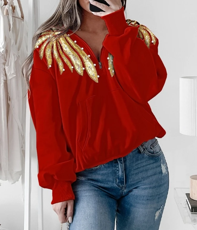 

Feather Pattern Contrast Sequin Zipper Pocket Design Women's Sweatshirt 2023 New Hot Selling Daily Casual Standing Collar