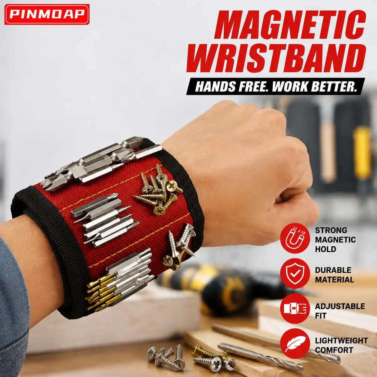 PINMOAP Magnetic Tool Wristband Strong Hold Adjustable Hands Free Organizer for Screws Nails Nuts Bits Home Repair Woodworking
