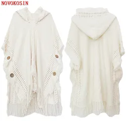 12 Colors Women Button Loose Cape Poncho Spring Autumn Knitted Bat Sleeves Sweater Tassel Long Out Street Wear Pullover With Hat