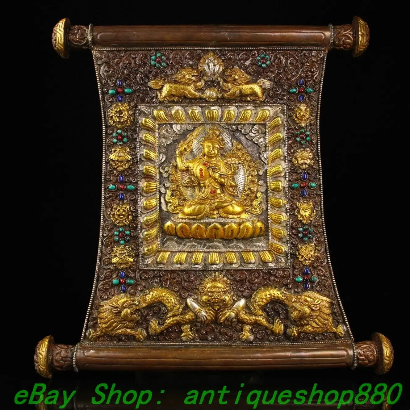 

4 inch Copper Silver Gold Plated 8 Symbol Dragon Lion Face Wenshu Fokan Thanka Tangka -