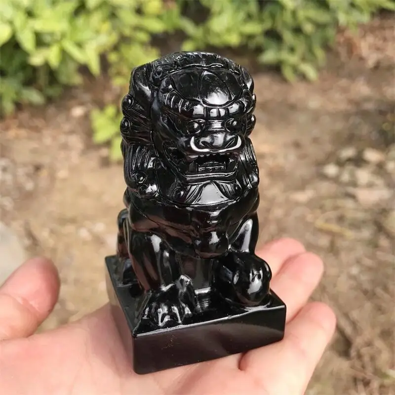 

Natural Black Obsidian Stone Lion Statue Carving Polished Ore Ornaments Craft Healing Stone Home Decor Collection Gifts 1pcs