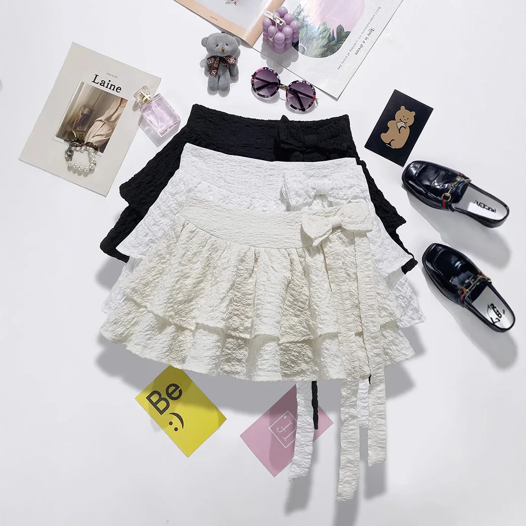 Bow Strap Puffy Cake Skirt 2026 Korean New Women's High Waist Pleated A-shaped Skirt