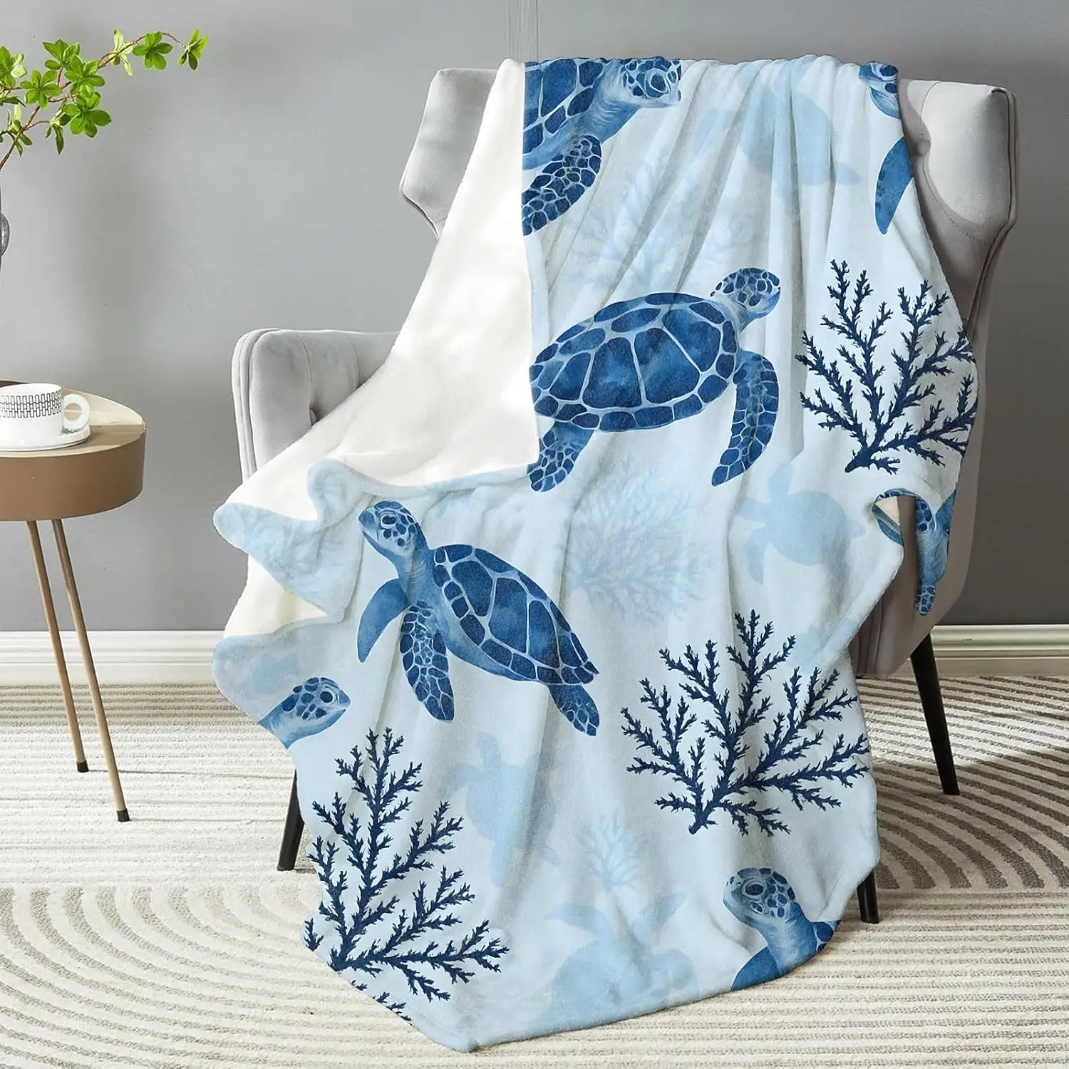 Sea turtle blanket ocean design blue coral pattern soft throw beach decor bedroom textile marine art cozy accessory
