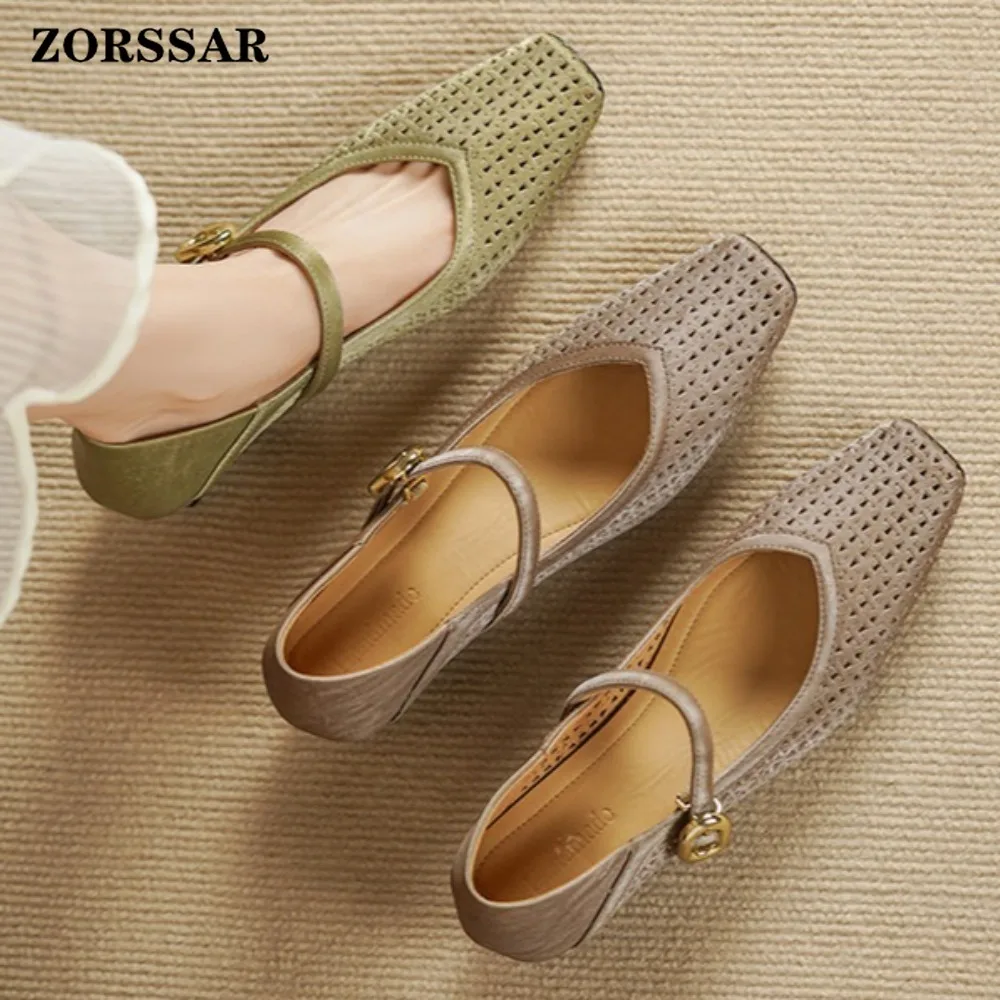 

2026 New Women's Olive Green Hollow Out Mary Jane Pumps Square Toe Gold Buckle Strap Low Block Heel Summer Casual Dress Shoes