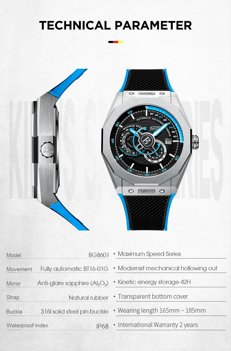 BONEST GATTI Men Automatic Watch Luxury Mechanical Wristwatch Military Skeleton 50M Waterproof Luminous Sapphire Rubber Strap