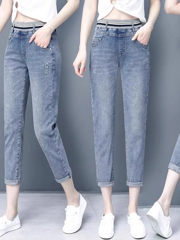 

Женские летние новые светло-голубые облегающие джинсы-шаровары с высокой талией из тонкой ткани, весемнадцать брюк, повседневная свободная обувь Seven