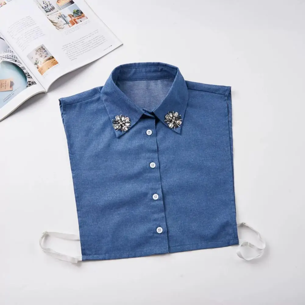 Rhinestone Detachable Collar Breathable Faux Collar Sparkling Rhinestone Denim Fake Collar with Adjustable Straps for Women