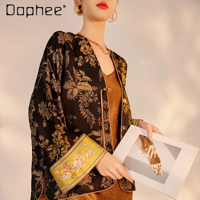 Retro Chinese Style Heavy Embroidery Floral High-End Jacket Loose V-Neck Patchwork Color Long Sleeve Light Luxury Loose Jackets
