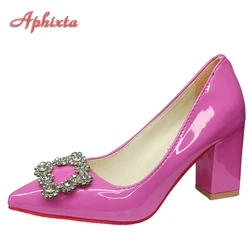 Aphixta Bling Crystals Diamonds Luxury Square Buckle 7cm Chunky Heels Pumps Women Shoes Rhinestone Shoes Plus Size35-53