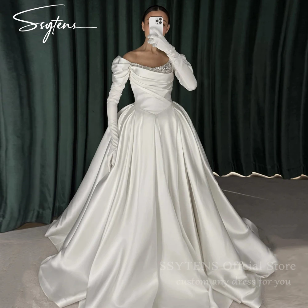 

SSYTENS Saudi Satin Wedding Dresses Beaded Bride Dress Elegant Boat Neck Long Sleeves Court Train Vintage Bridal Gown Customized