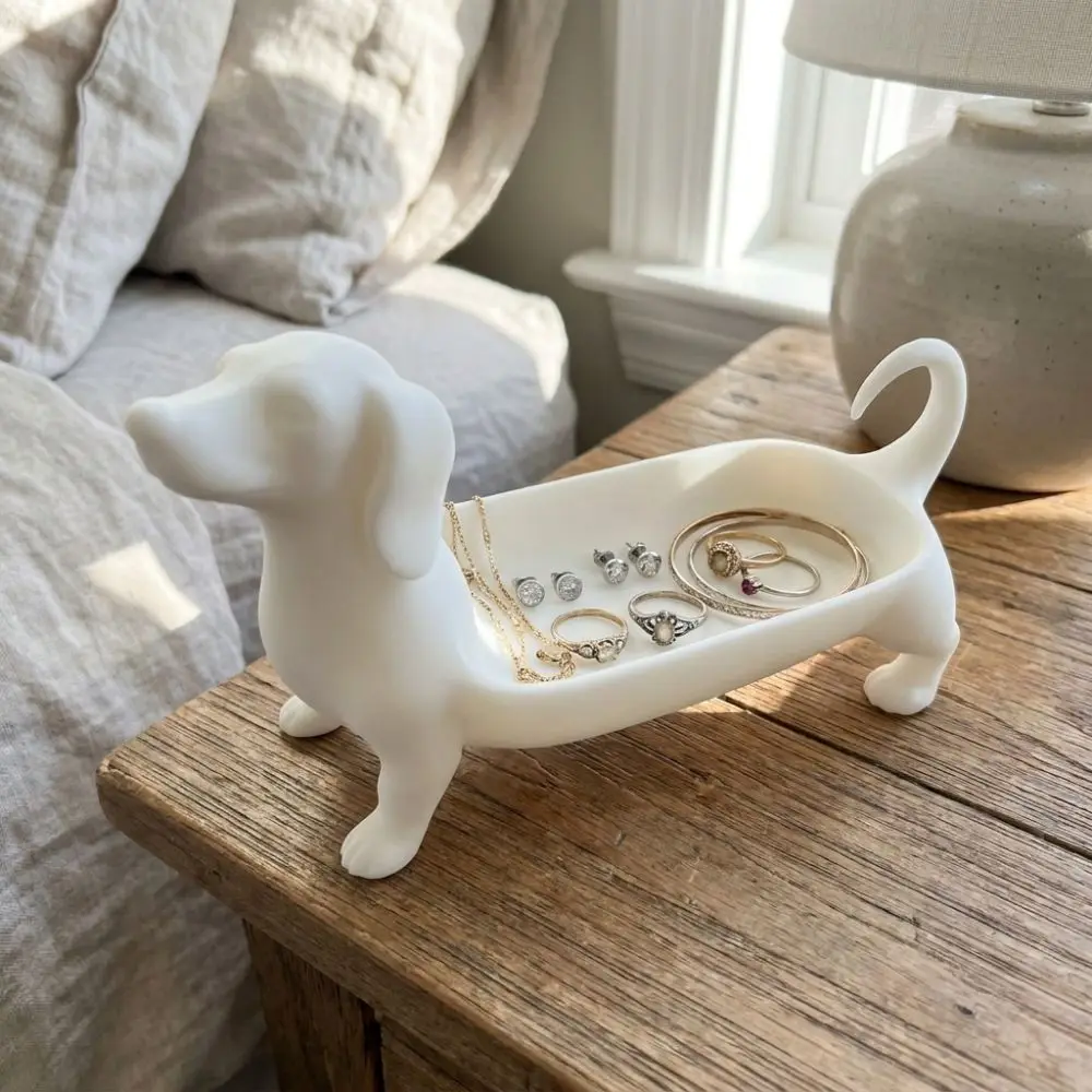 3D Printed Dachshund Storage Tray Solid Color Minimalist Style Sausage Dog Planter Plastic Pet Theme Tabletop Organizer Bathroom