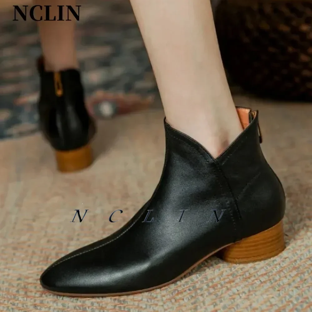 NCLIN-Botas de piel auténtica con cremallera trasera para mujer, zapatos cálidos de tacón grueso con punta redonda, elegantes y concisos, para boda y oficina