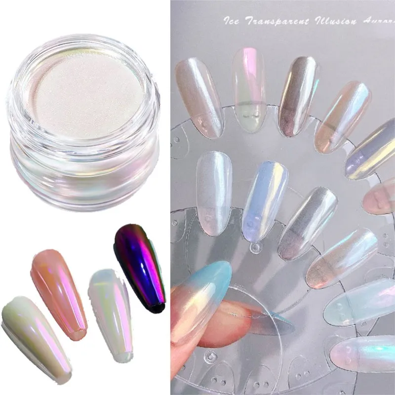 1 scatola di polvere per unghie cromata bianca effetto specchio Aurora polvere di perle al chiaro di luna sirena iridescente pigmento olografico glitter per unghie