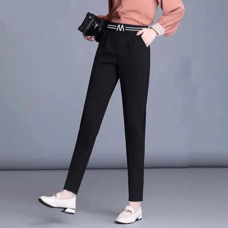 Office Lady Fashion Slim Pencil Pants Spring Summer Koreon Women Letter Elastic High Waist Black All-match Casual Suit Trousers