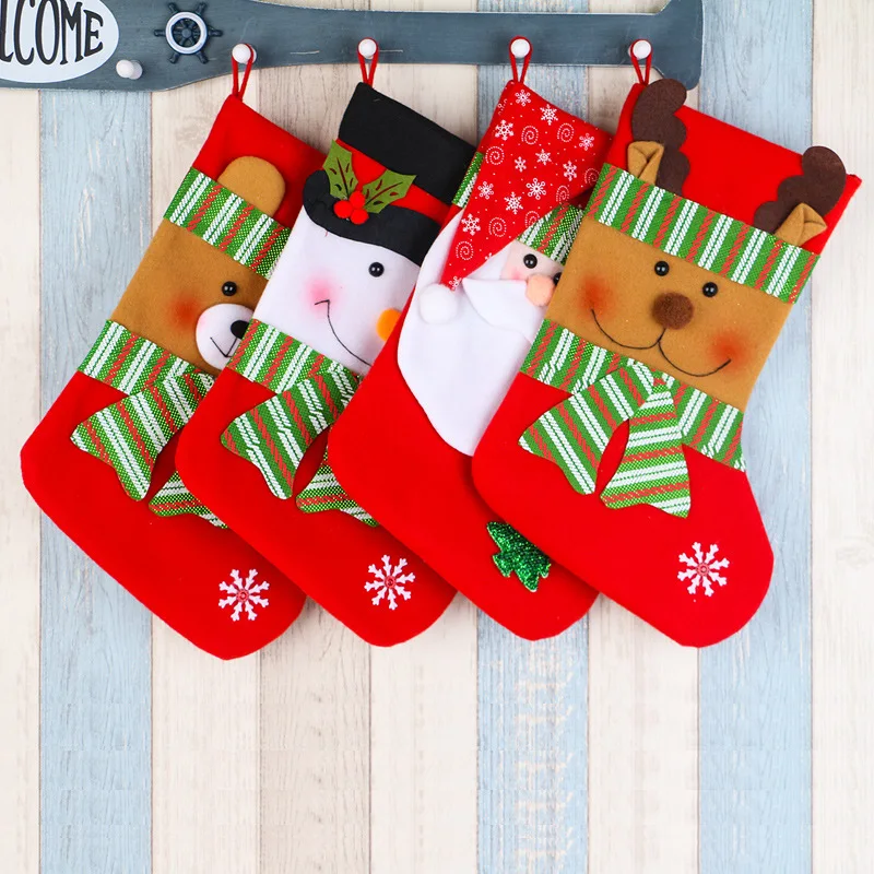 

Christmas Red Green Striped Socks Cartoon Santa Claus Snowman Elk Bear Merry Christma Gift Bag Socks Fireplace Hanging Pendants