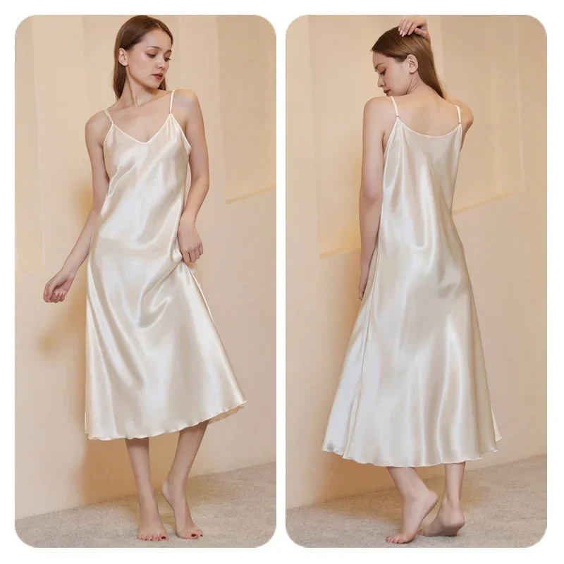 Ladies' Medium To Long Slim and Sexy V-neck Camisole Skirt Soft and Smooth Thin Twisted Satin Nightgown Comfortable Sleepwear