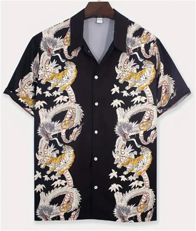 Modern Chinese Dragon Pattern 3D Printed Men\'s Fashion Short Sleeve Hawaiian Casual Loose Style Shirt for Summer Vacation