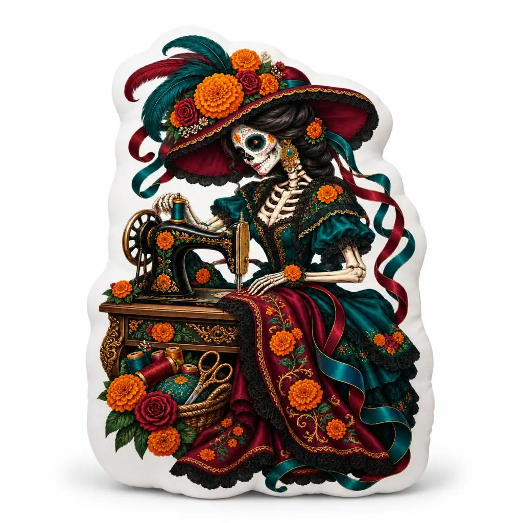 Day of the Dead Catrina Seamstress Pillow Sugar Skull Sewing Machine Cushion Shaped Throw Pillow Mexican Home Decor Gift