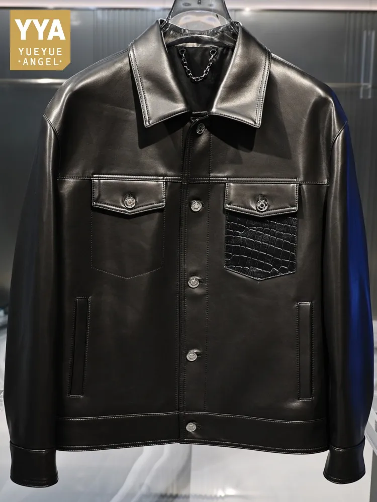 Casual Style Lapel Genuine Leather Men Jacket Solid Color Single Breasted Crocodile Pattern Pockets Long Sleeves Sheepskin Coats