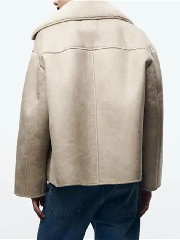 معطف شتوي نسائي من جلد الفرو على الوجهين معطف شتوي دافئ وفضفاض مناسب للتنقل طويل Sve بياقة مقلوبة #3