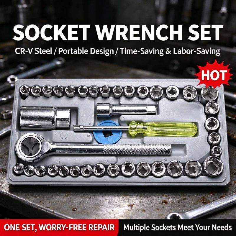 Portable 40-Piece Ratchet Socket Wrench Kit Multi-function Hand Tool Set for Car Repair Home Maintenance