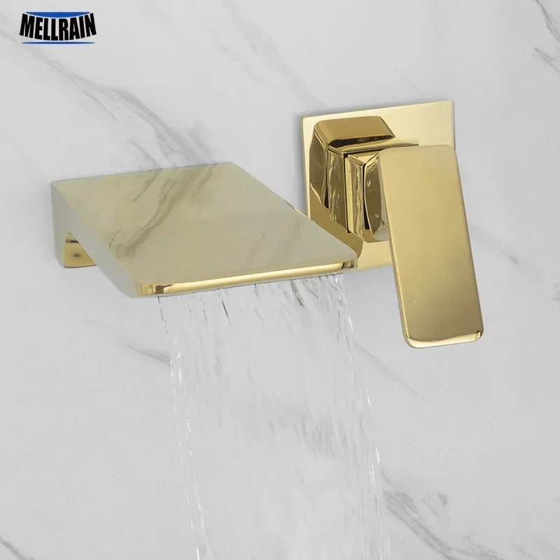 

Wall Mounted Waterfall Bathroom Faucet Sold Brass Luxury Polish Gold Basin Water Faucet Hot & Cold Black & Rose & Brushed Gold