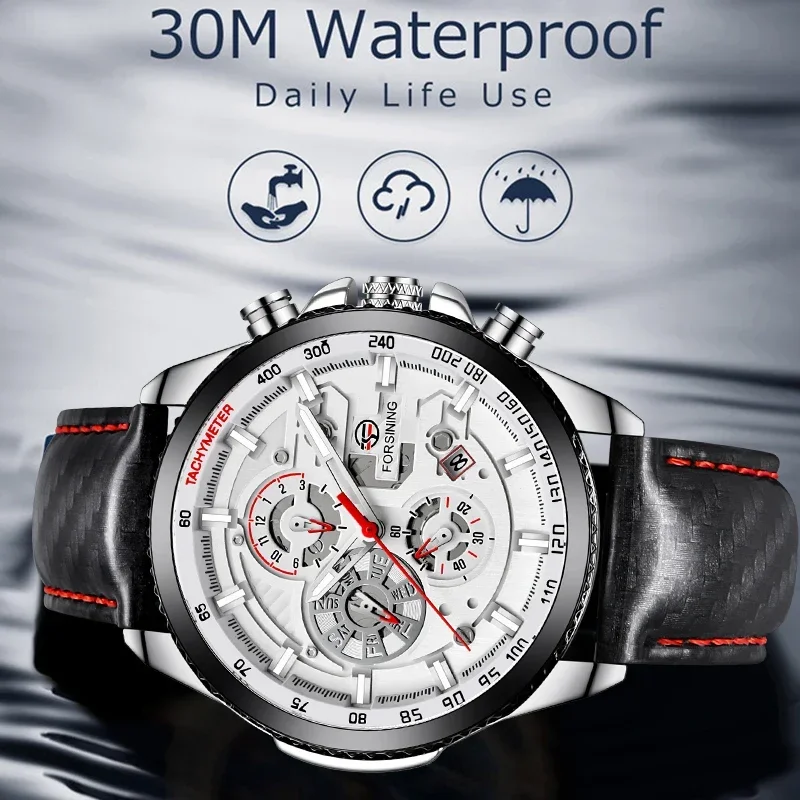 

Forsining мужские автоматические часы с автоподзаводом, механические светящиеся 3 циферблата, дата, натуральная гладкая кожа, скоростные гоночные спортивные модные часы