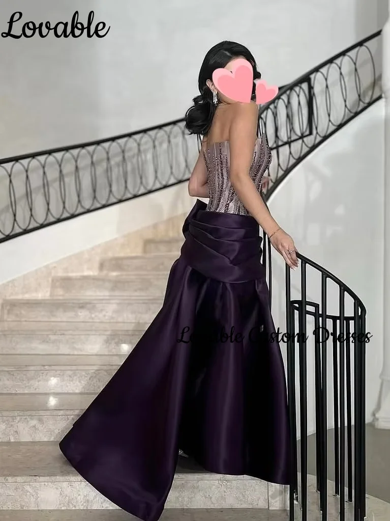 Hochzeits-Partykleid, individuell anpassbar, A-Linie, trägerlos, Traube, bodenlang, Perlenverzierung, luxuriöse Abendkleider, ärmellose Kleider mit Reißverschluss F