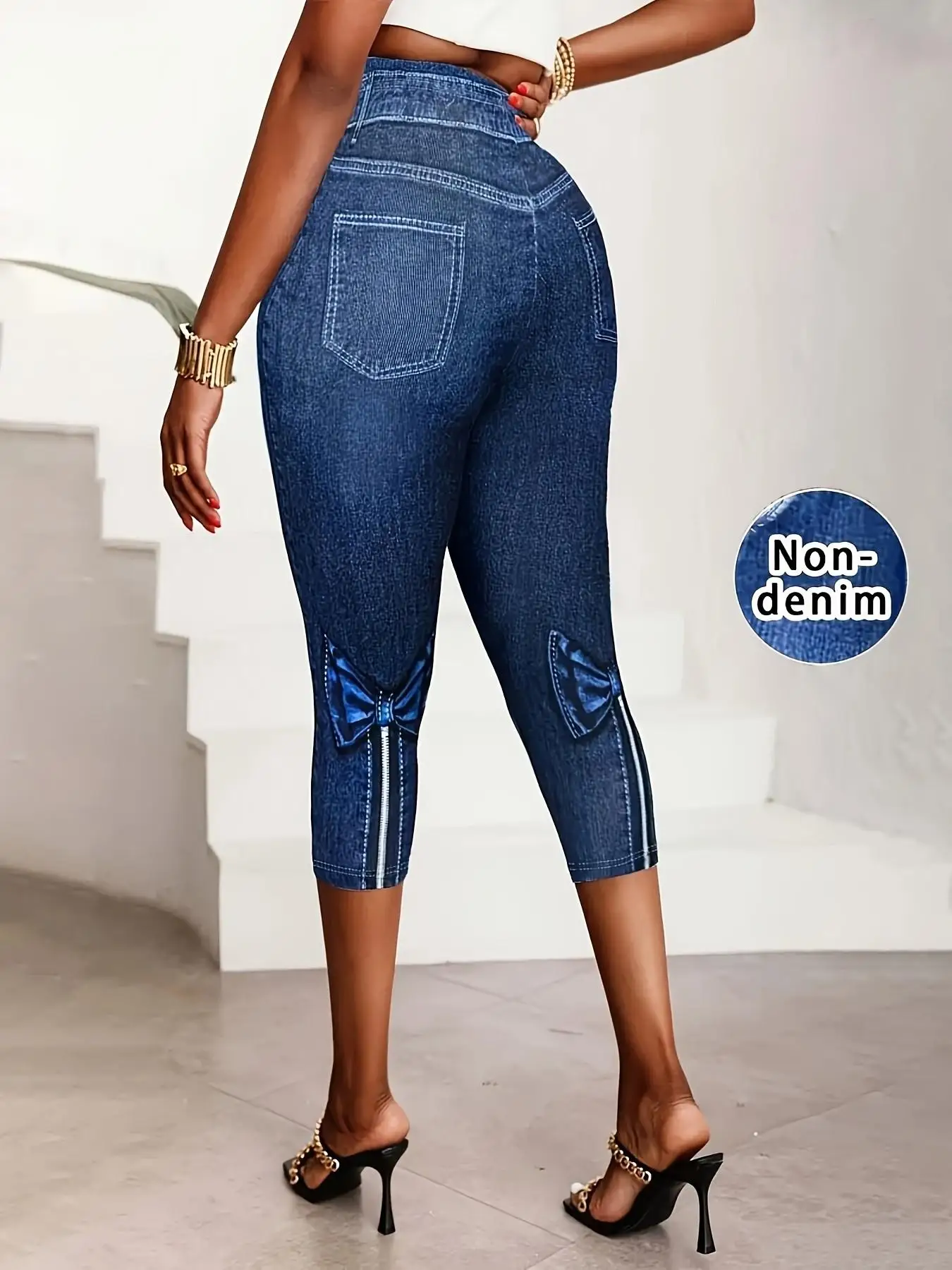 Summer Casual Fake Denim Printed 7 Points Pants Women Elastic High Waist Skinny Capri Leggings Stretch Cropped Trousers